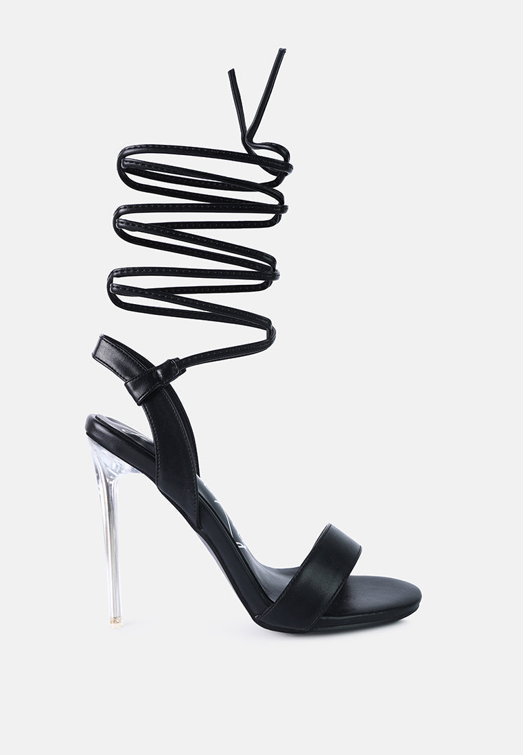 Sleek Sheeny Clear Stiletto Lace Up Heels - Angle View for formal events | Luxe Ensemble